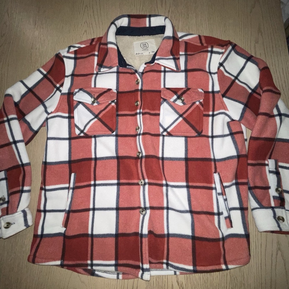 Sage Collective Womens Plush Plaid Sherpa Shacket Jacket Red White L 1535379